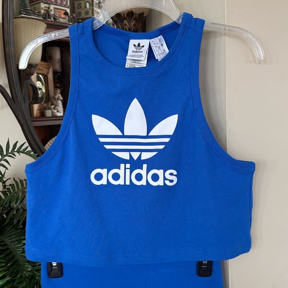 Adidas 2-Piece Blue & White 3-Stripe Racerback Tank Top & Shorts Workout Set - Picture 5 of 14